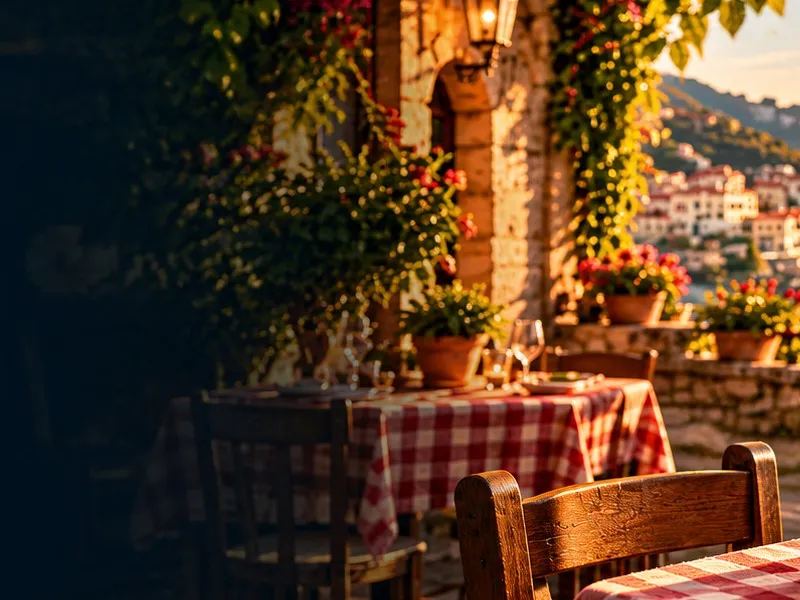Italienische Restaurantterrasse am Meer mit Tischen im Karomuster