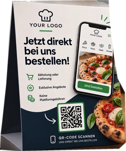 Tischaufsteller „Jetzt direkt bei uns bestellen“ mit QR-Code und Speisekarte auf dem Smartphone