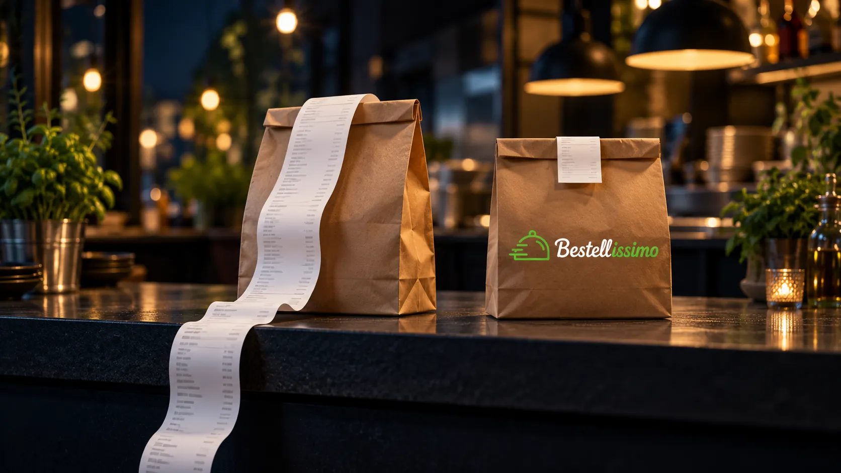 Zwei Take-away-Tüten: links mit endlos langem Kassenbon, rechts die Bestellissimo-Tüte mit kurzem Bon